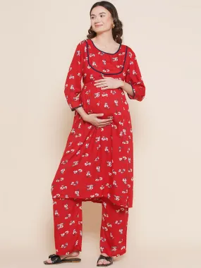 Red Floral Maternity and Nursing Kurta with Palazzo Set