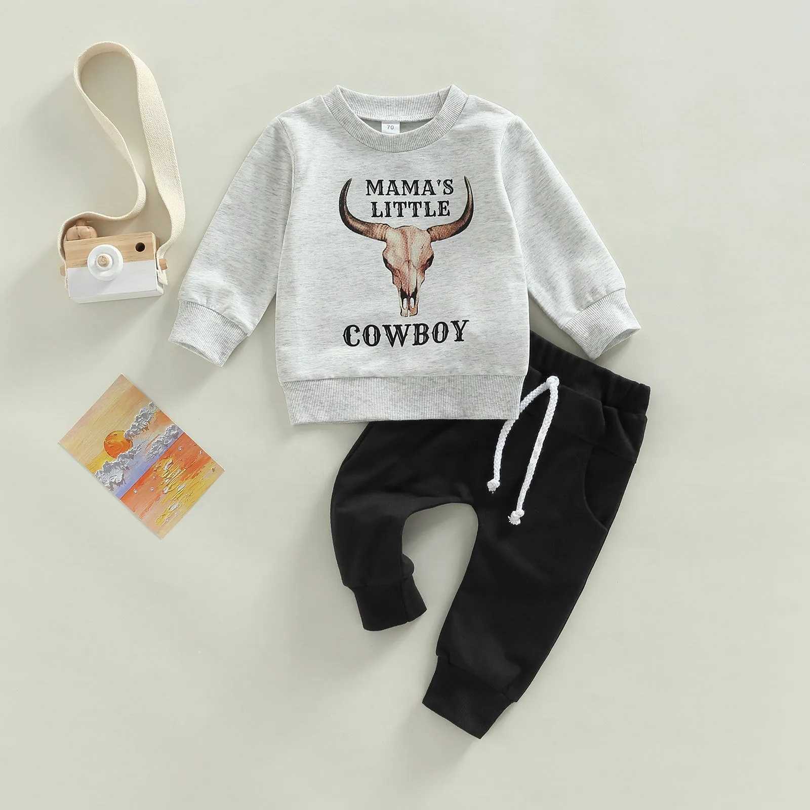 Toddler Boys Solid Color Cartoon Animal Letters Printed Round Neck Sweatshirt and Pants Set