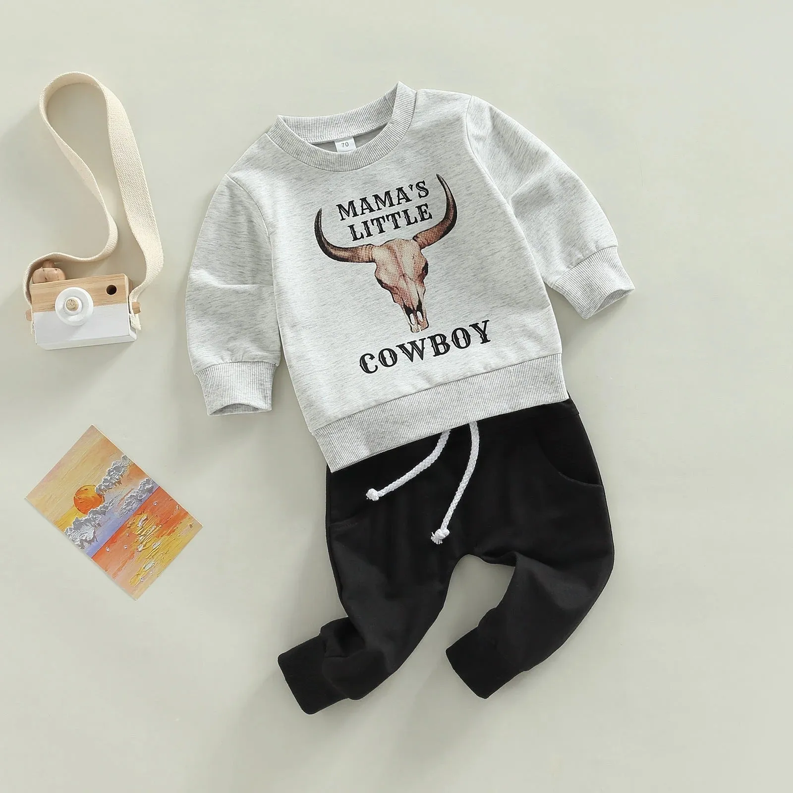 Toddler Boys Solid Color Cartoon Animal Letters Printed Round Neck Sweatshirt and Pants Set